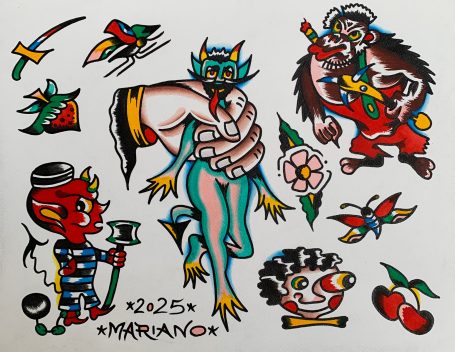 Tattooentwürfe mit verschiedenen farbenfrohen Charakteren und Motiven, darunter ein Teufel.