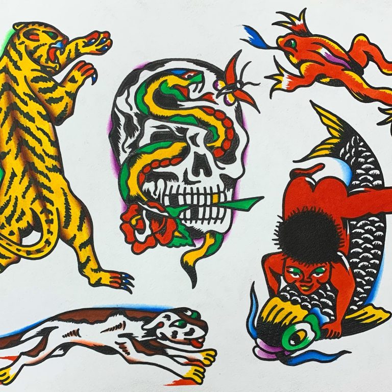 Traditional tattoo Berlin – Tattoos by Mariano – Colorful traditional tattoo flash designs showing skulls, snakes, and a fly.