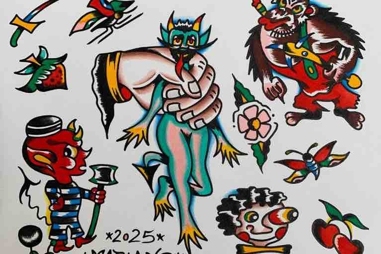 Traditional tattoo Berlin - tattoos by Mariano - Colorful tattoos flash designs featuring devils, clowns, and more.