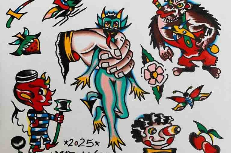 Traditional tattoo Berlin – Tattoos by Mariano – Colorful traditional flash tattoos featuring faces, plants, and a red lip motif.