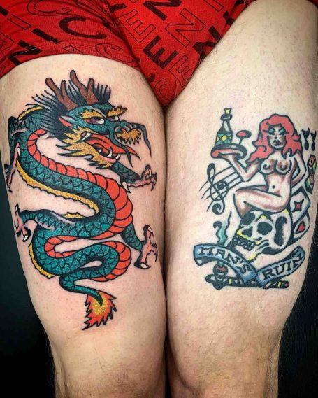 Traditional tattoo Berlin – Tattoos by Mariano – healed tattoo of the classic design "Man's ruin" next to a fresh tattoo of a dragon