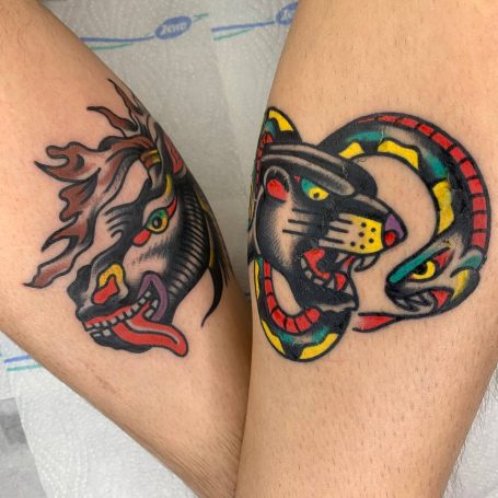 Traditional Tattoo Berlin - Tattoos by Mariano - panther and snake tattoo and another tattoo of an ox in an old American traditional style