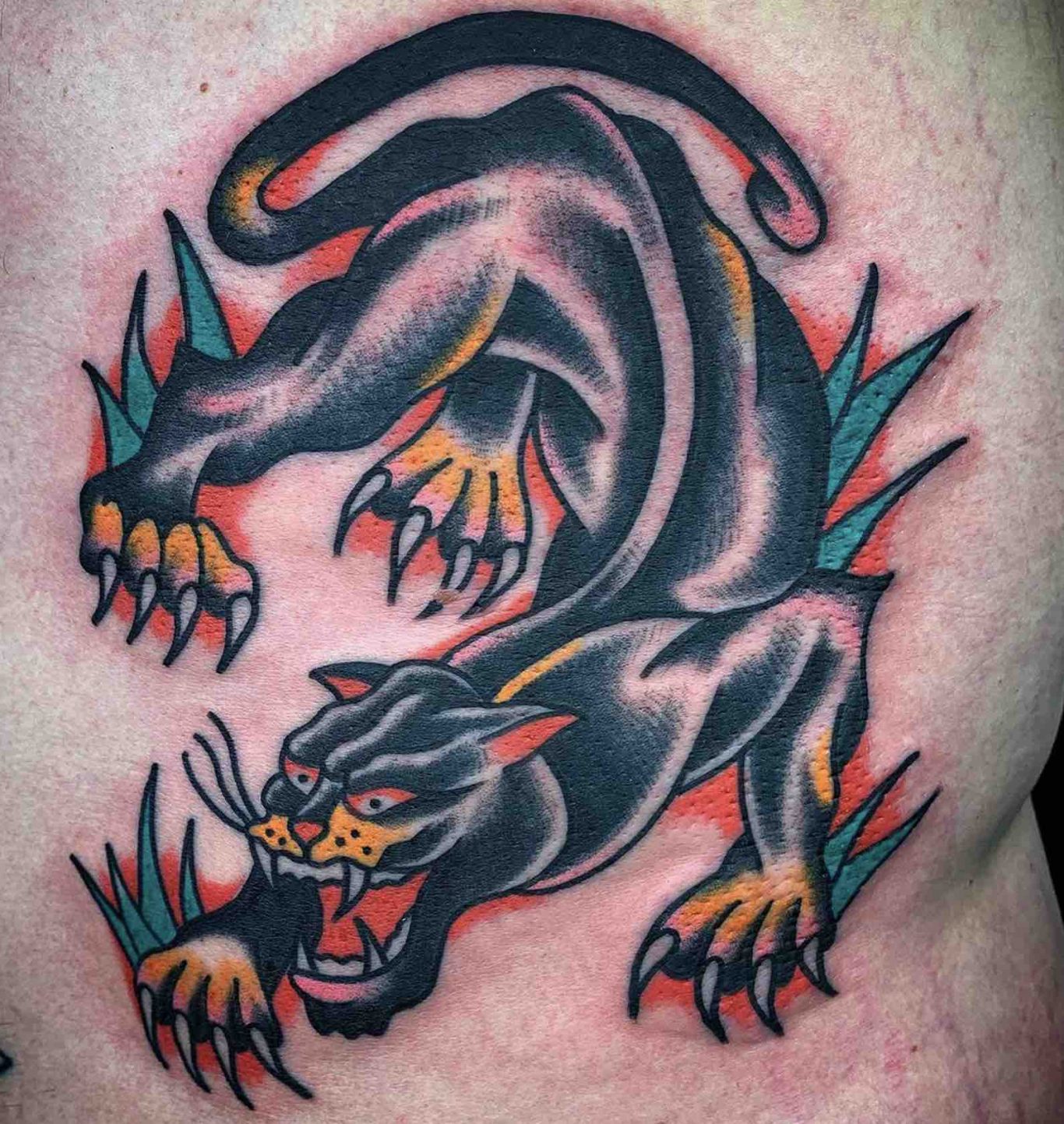 CRAWLING PANTHER IN COLOR Traditional Tattoo Berlin - Tattoos by Mariano - crawling panther traditional tattoo