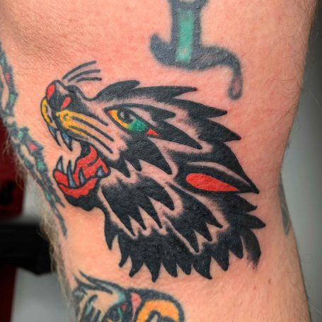 Traditional tattoo Berlin – Tattoos by Mariano –  classic tattoo design of the wolf's head