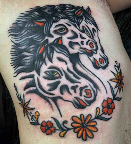 Traditional tattoo Berlin – Tattoos by Mariano – an interpretation of the classic tattoo design “Pharaoh’s Horses”