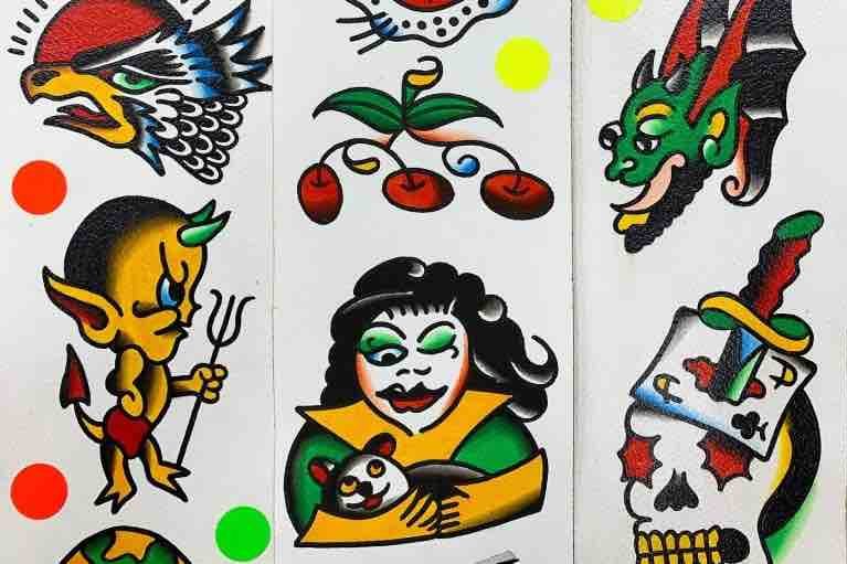 Traditional tattoo Berlin - tattoos by Mariano - Colorful tattoos flash designs featuring devils, eagles, skulls, and more.