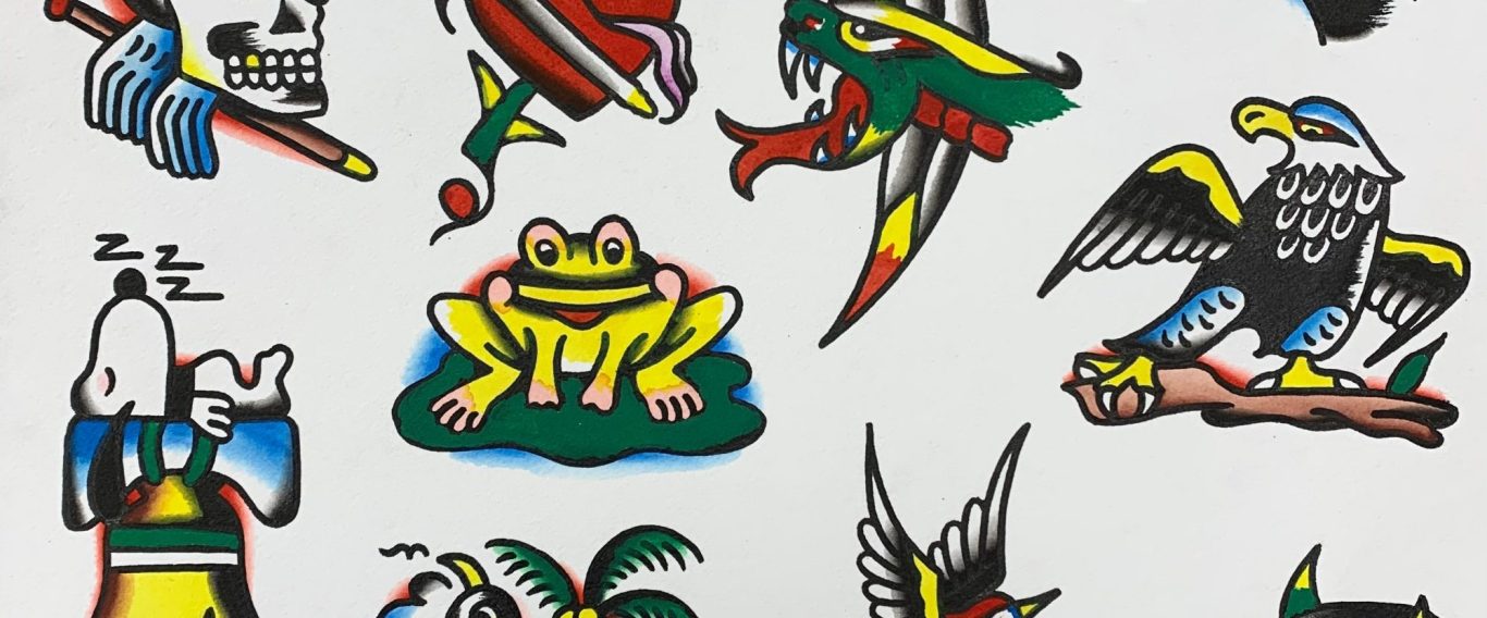 Traditional tattoo Berlin – Tattoos by Mariano – Colorful flash traditional tattoo designs of animals and plants, including frogs and birds.